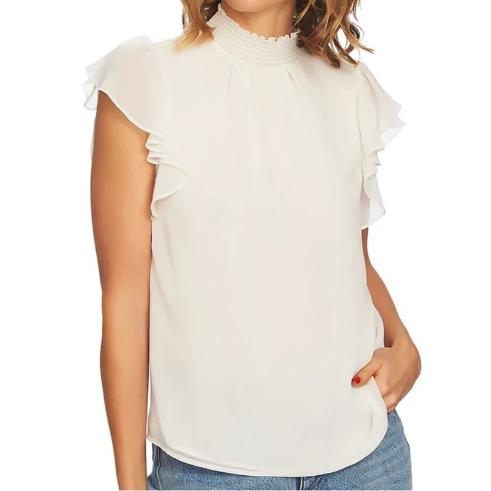NWT 1. STATE Flutter Short Sleeve Mock Neck Key Hole Back Blouse Size Large